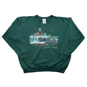 Vintage 90s Cotton Grove Country Roads Sweatshirt XL Green Winter Christmas Snow